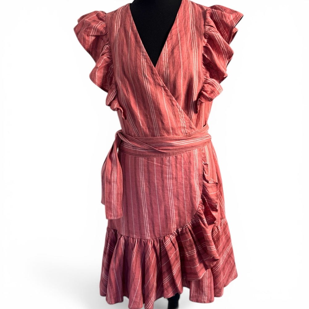 Rebecca Taylor Linen Red Striped wrap Dress size 10 never worn